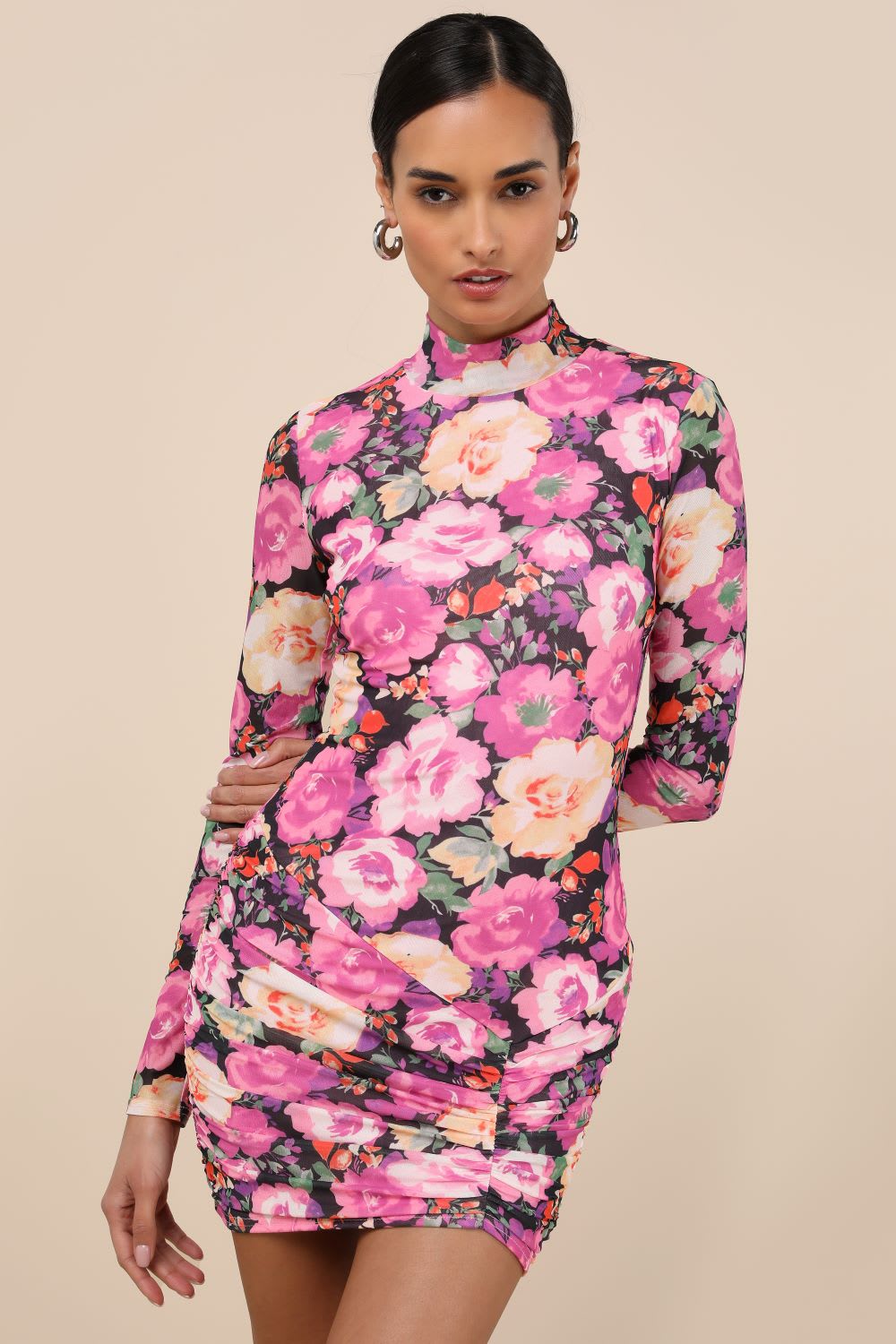 pink floral mesh long sleeve mini dress