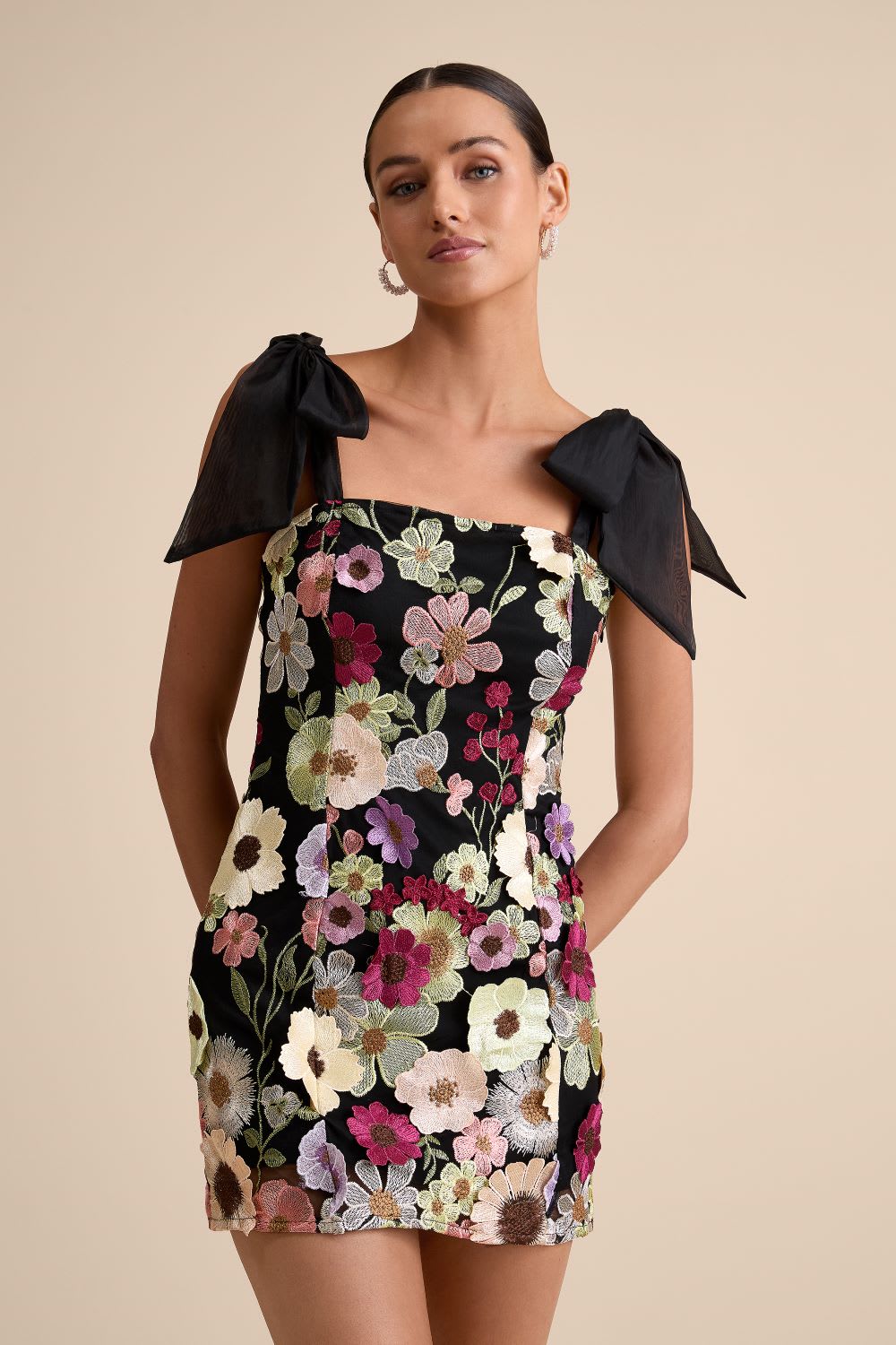 embroidered floral tie strap mini dress