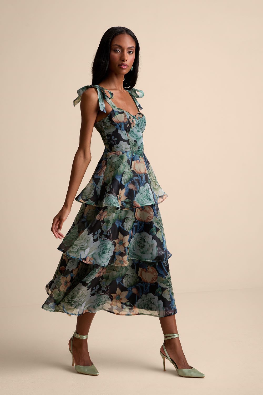 floral organza tie strap tiered midi dress