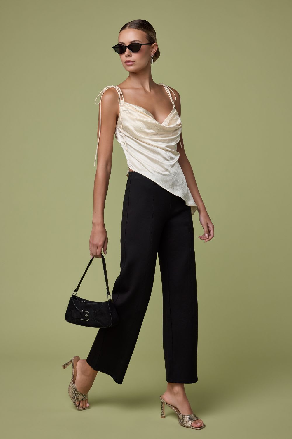 cowl neck tie strap cami top