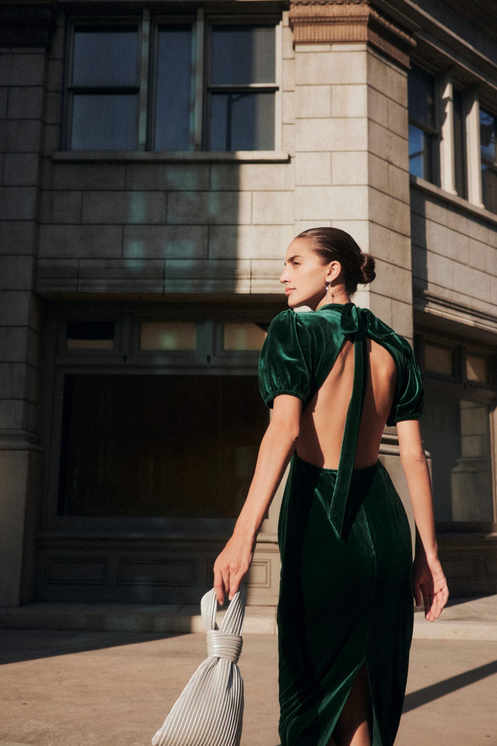 green velvet backless puff sleeve dress