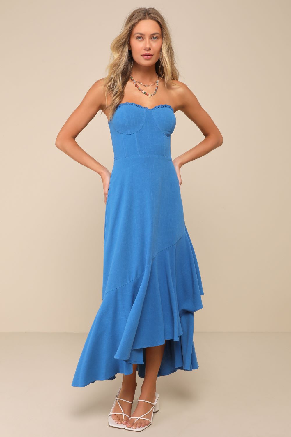 cerulean strapless ruffled midi dress