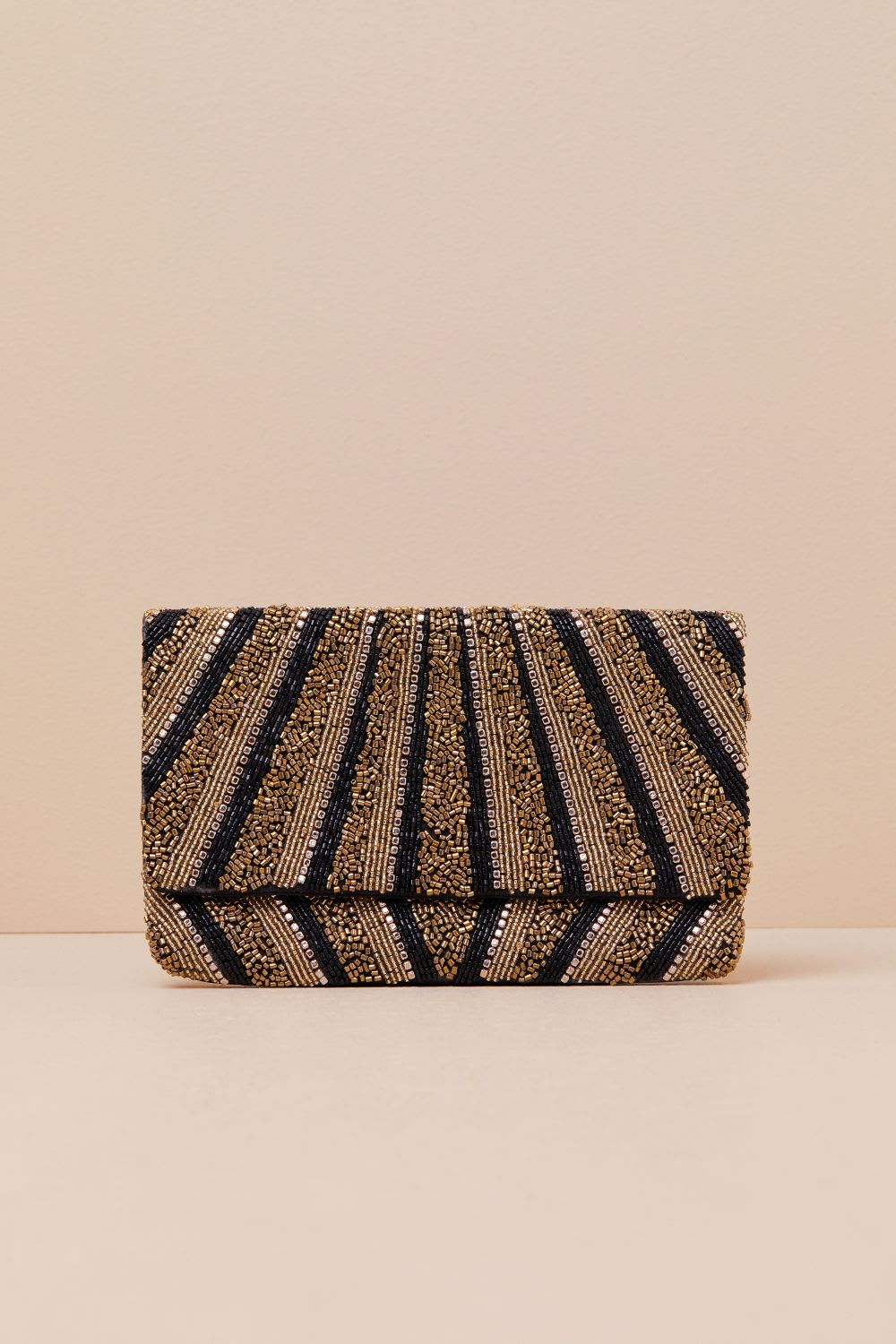 black and gold multi striped beaded clutch
