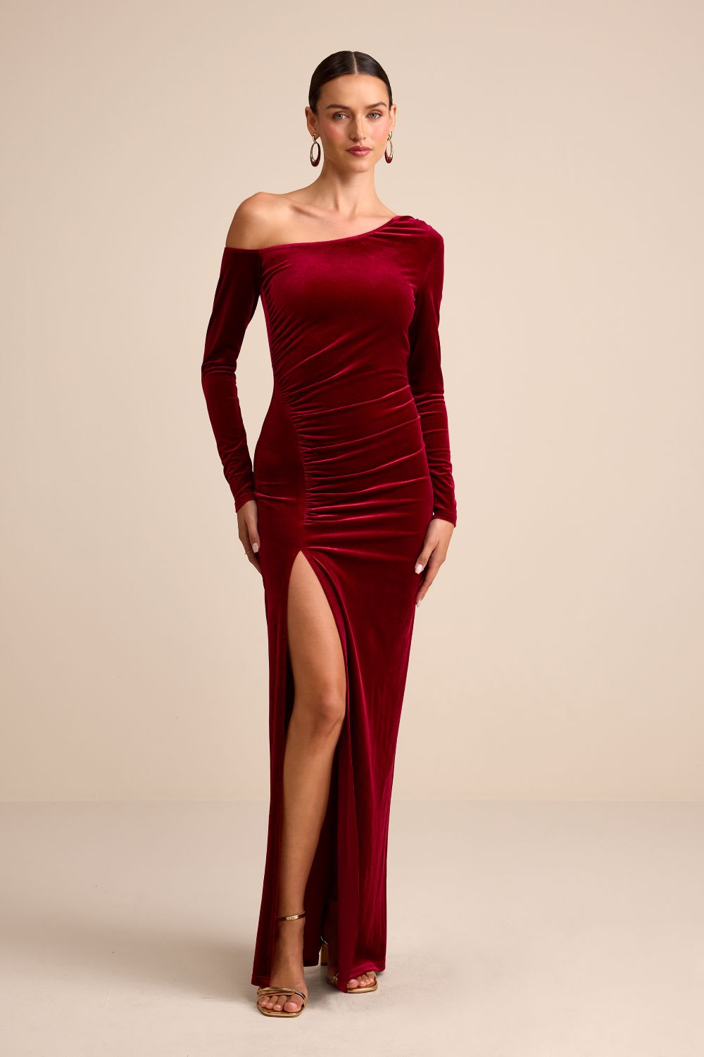 red velvet asymmetrical maxi dress