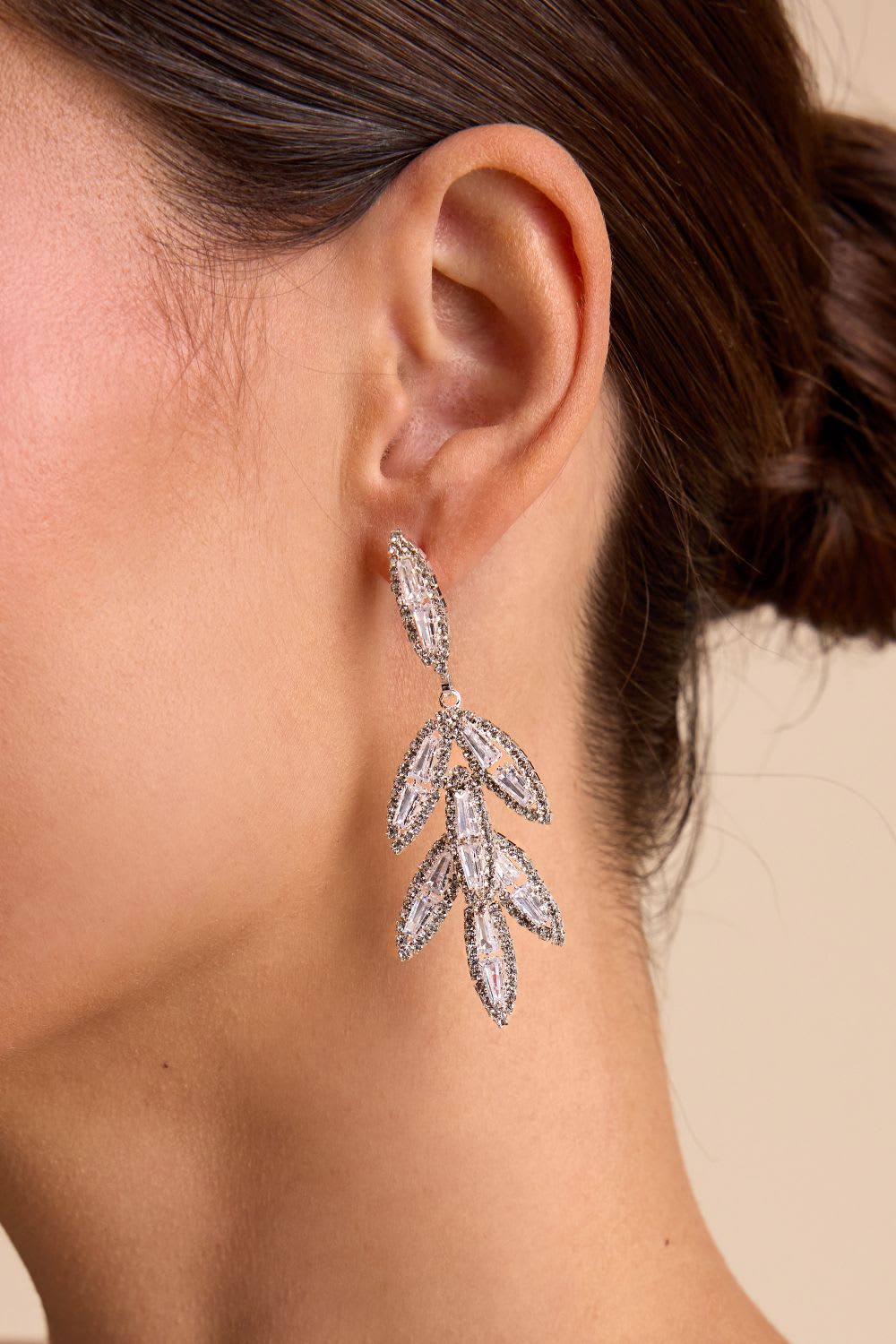 silver rhinestone leaf earrings