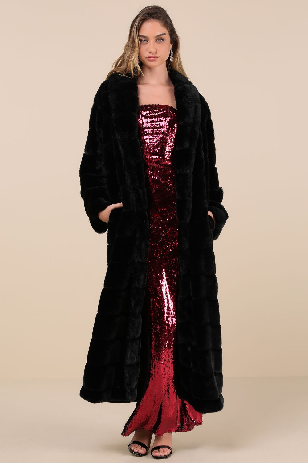 black quilted faux fur coat