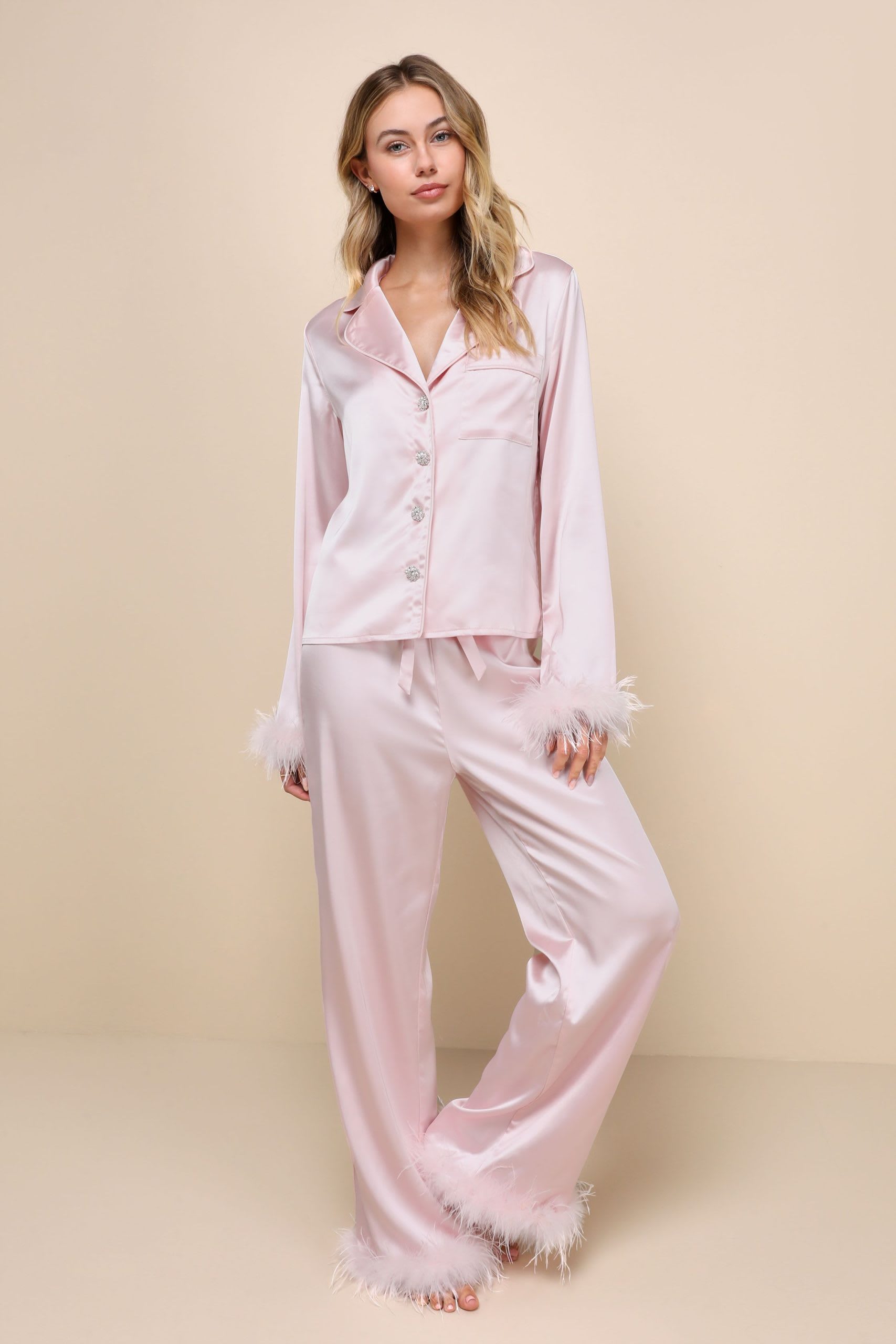 pink satin feather pajamas