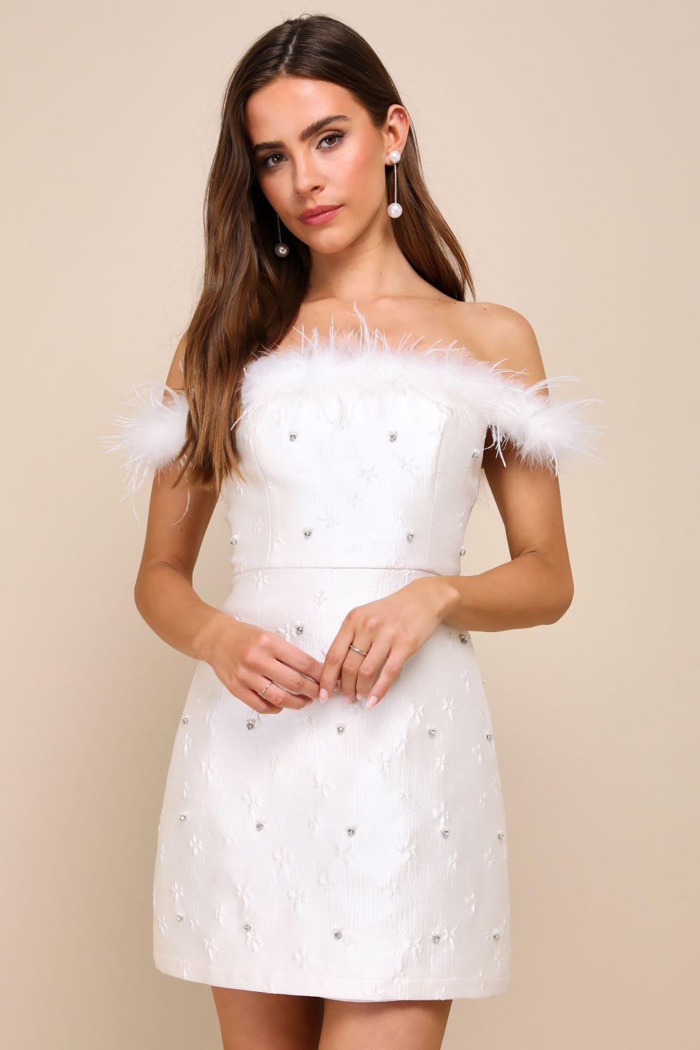 ivory jacquard feather mini dress