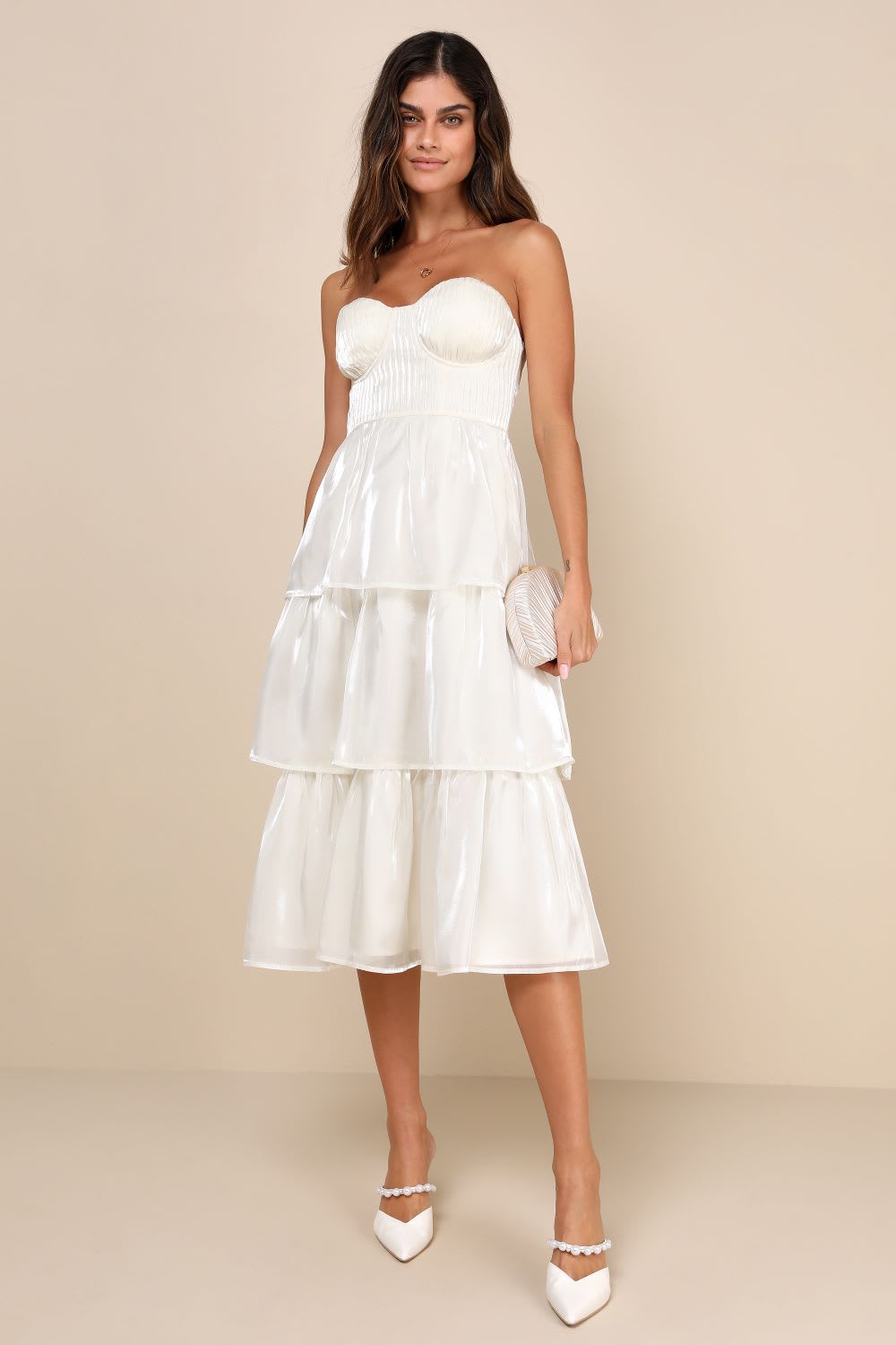 ivory organza tiered strapless midi dress