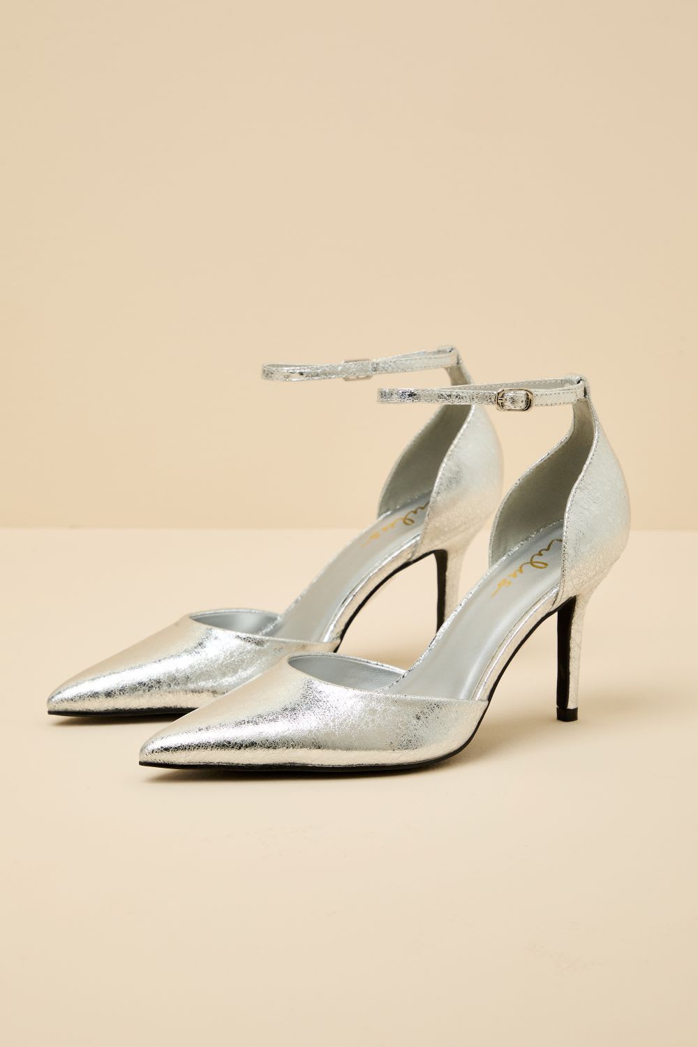silver pointed toe ankle strap pumps
