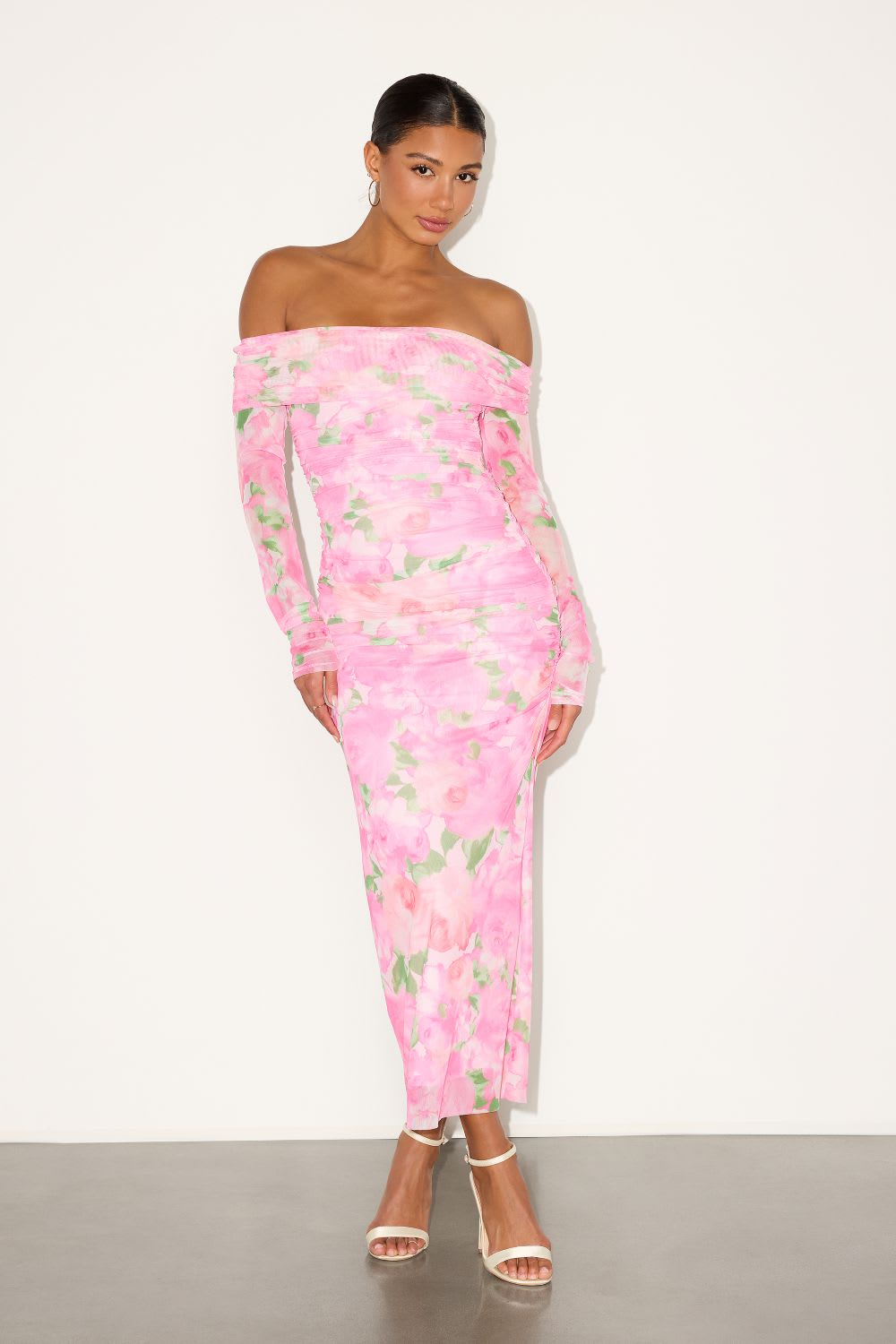 pink floral off the shoulder midi dress