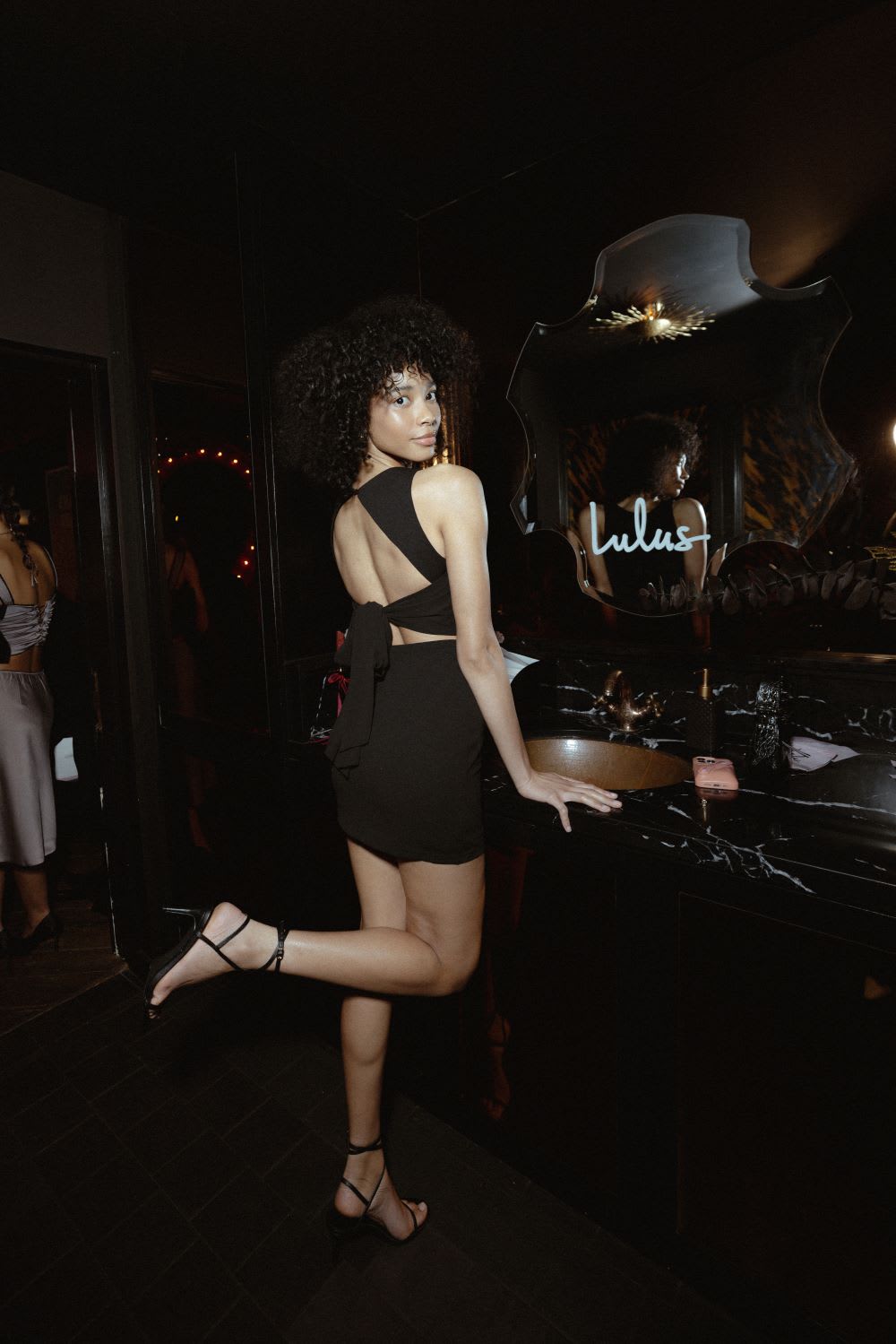 black tie-back sleeveless mini dress