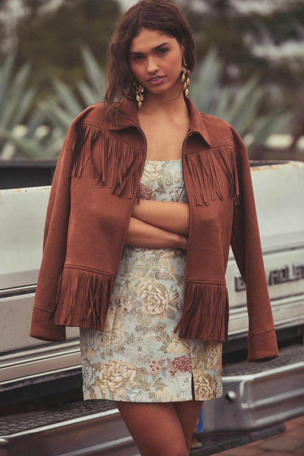 fringe jacket and mini dress