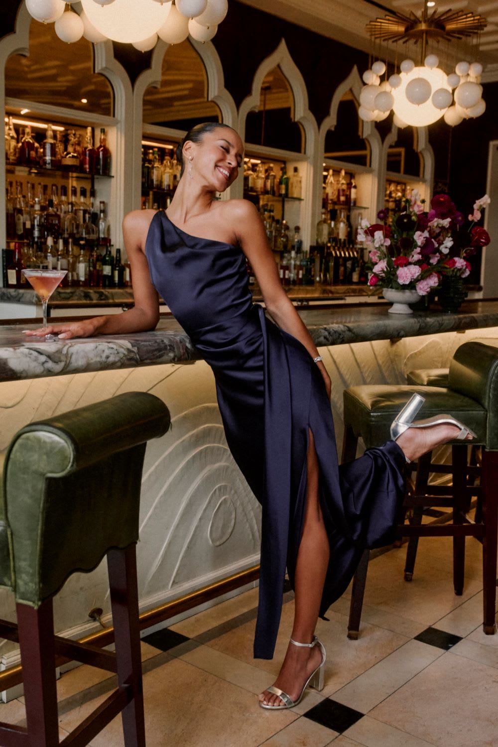 navy satin one shoulder maxi dress