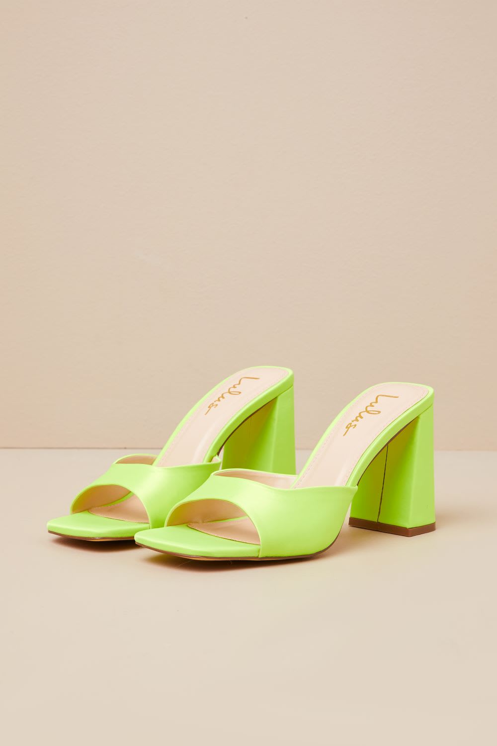 lime satin flared heels