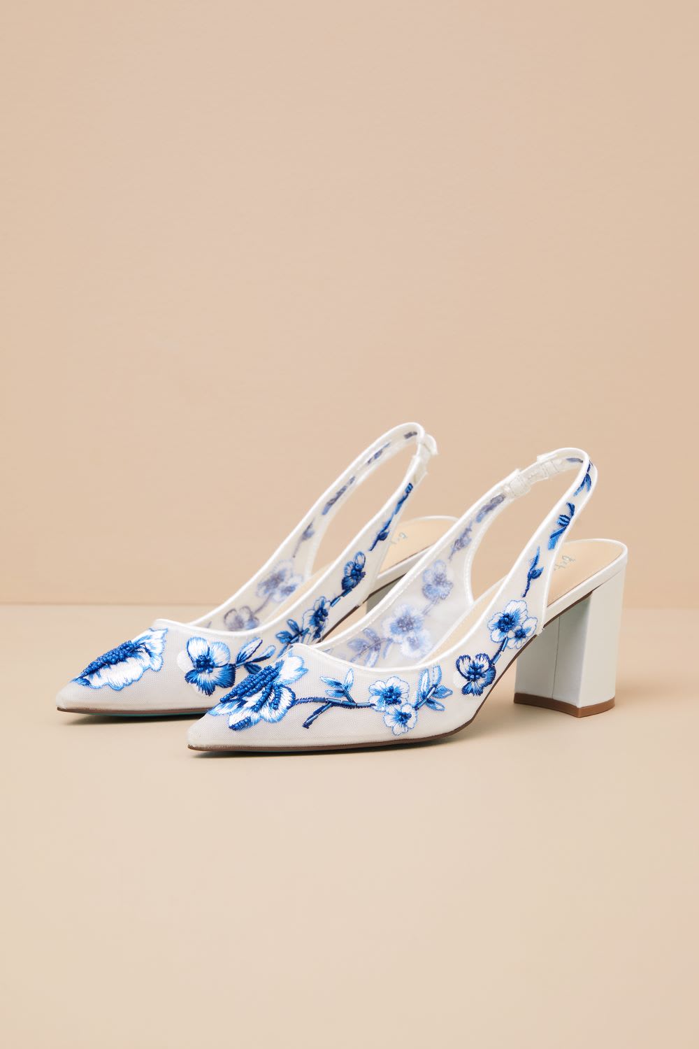 embroidered block heel pumps