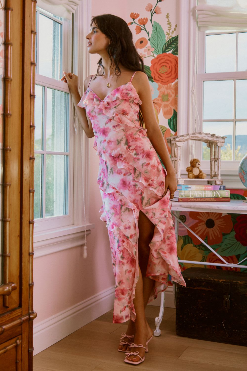 pink floral ruffled midi dress