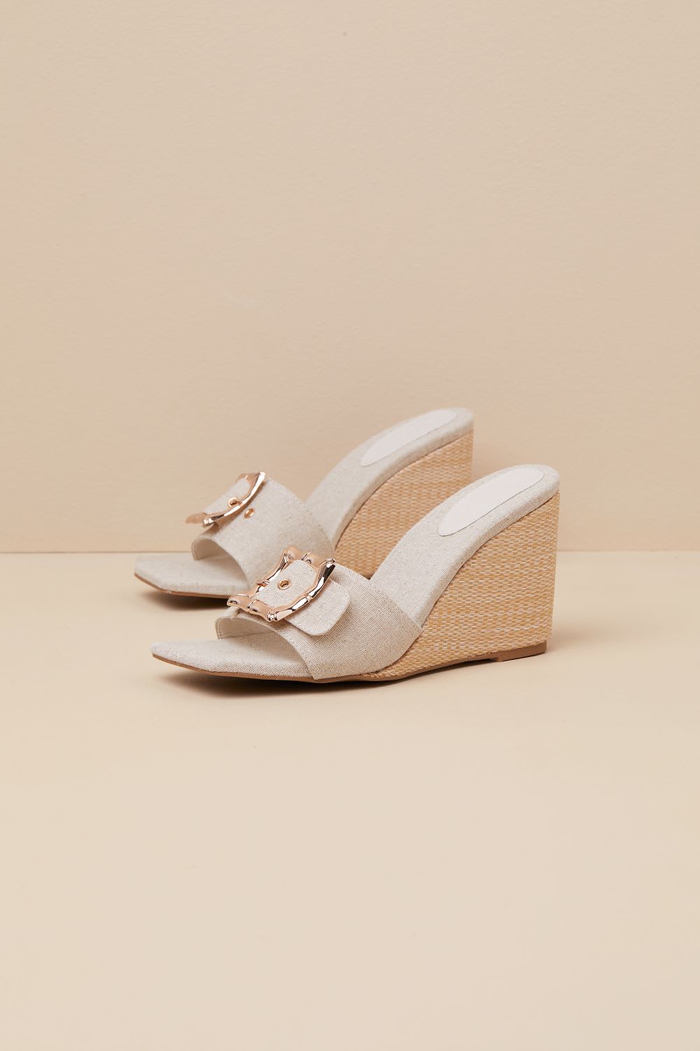 linen raffia buckle wedge sandals