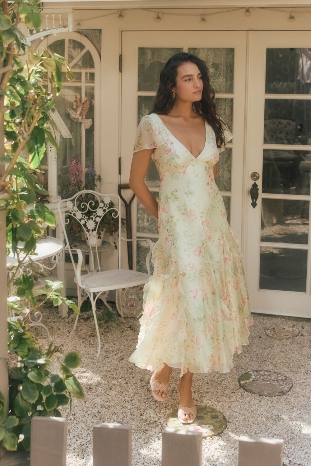 green floral ruffled midi dress