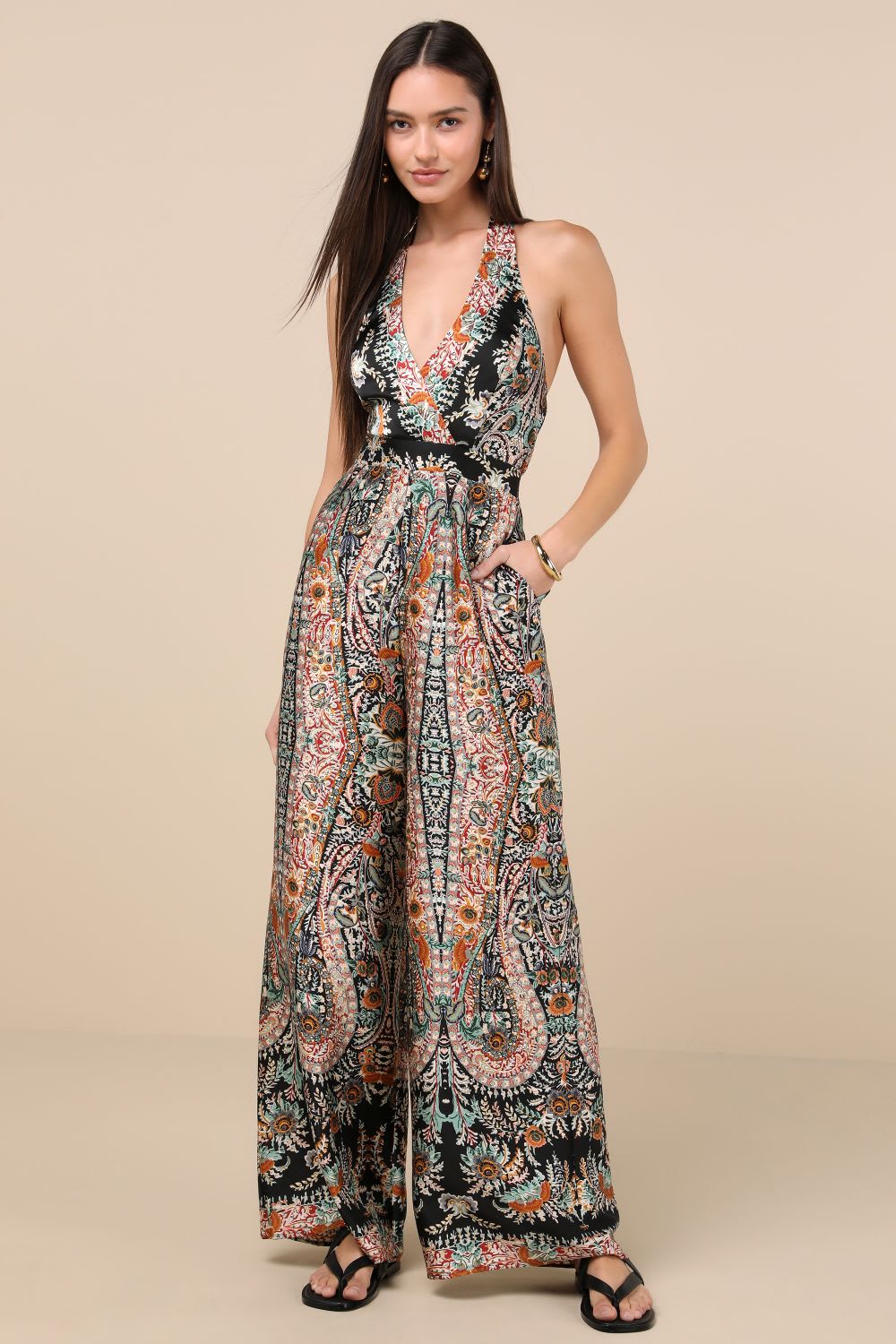 black scarf print satin wide leg jumpsuit