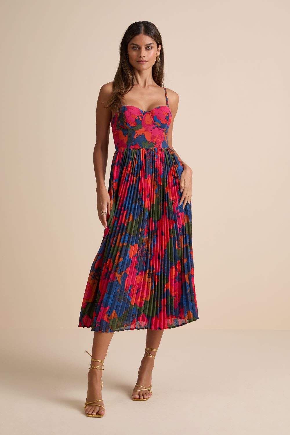 dark blue multi flower pleated midi dress