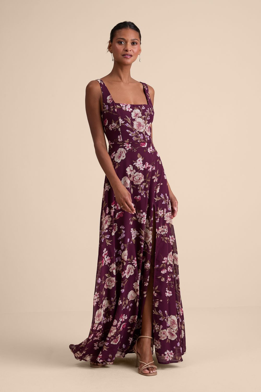 plum floral square neck maxi dress