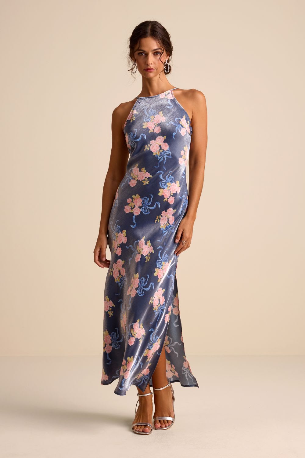 blue floral apron neckline dress
