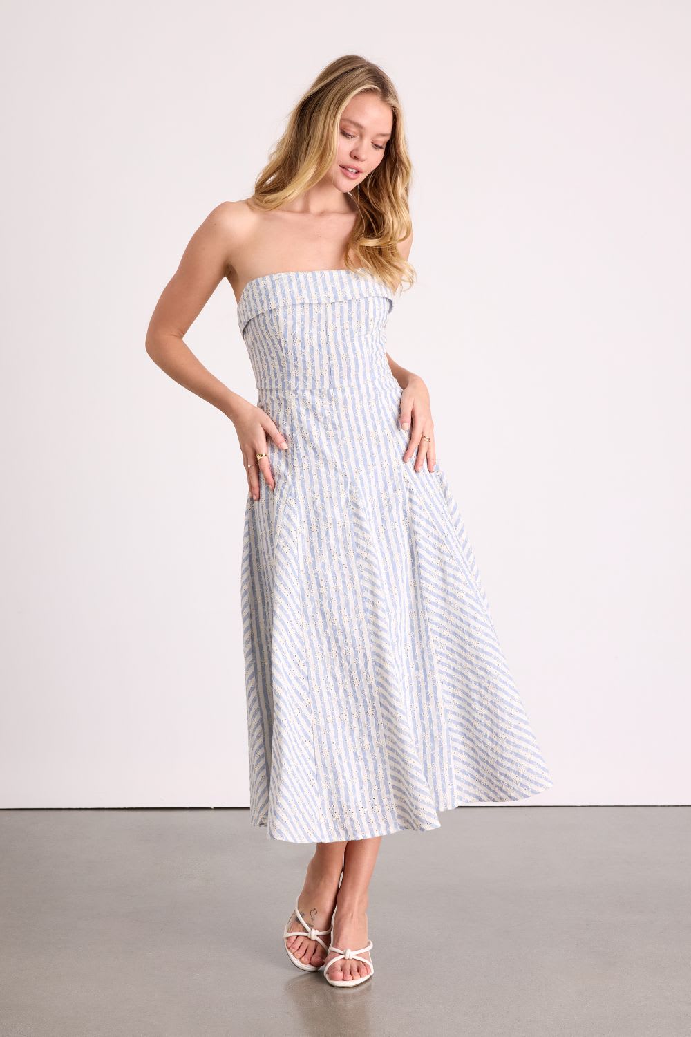 striped strapless midi dress
