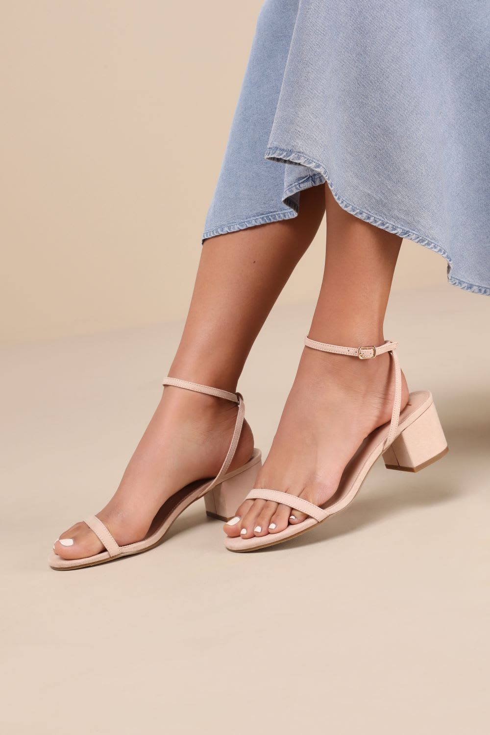 nude suede ankle strap low heels