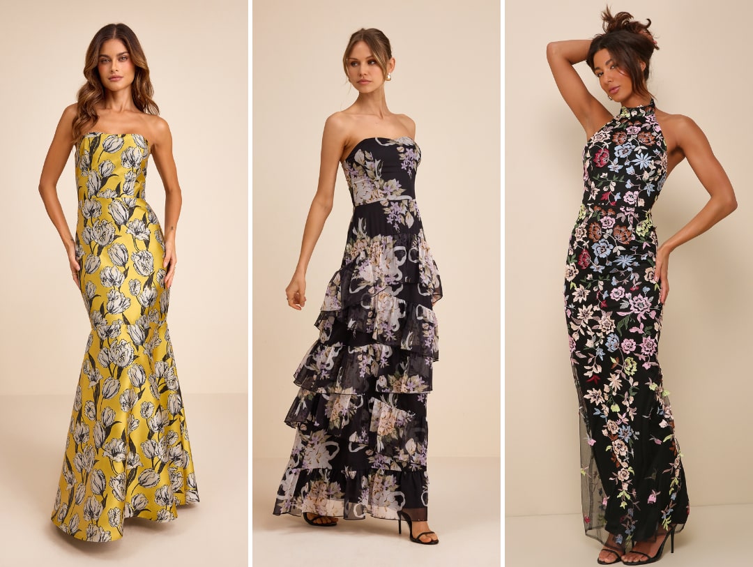 floral black tie wedding guest dresses