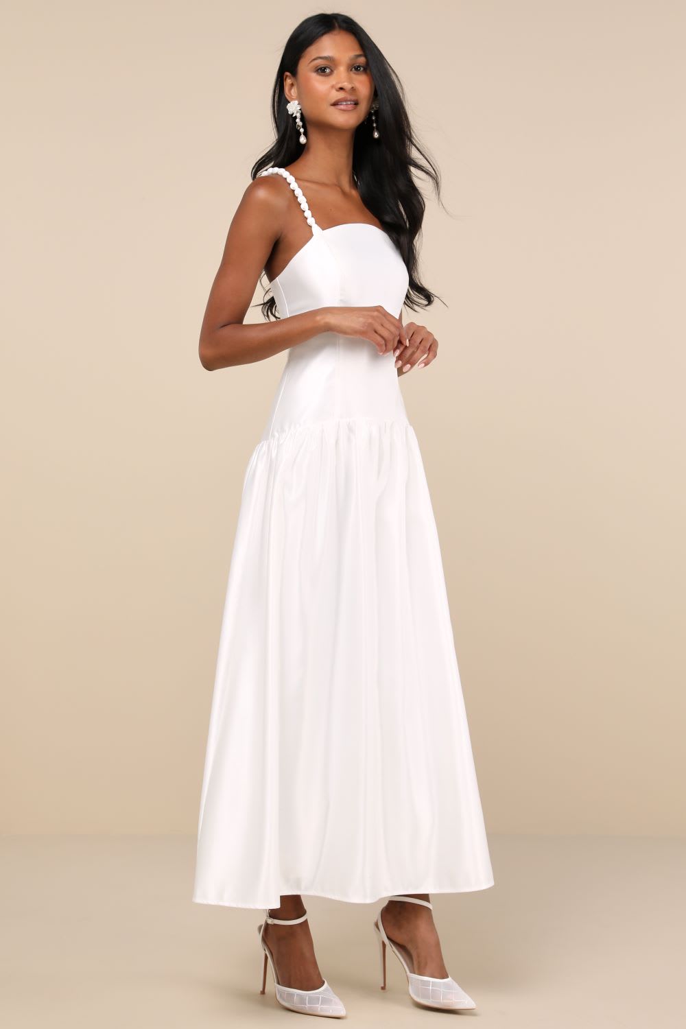 white satin drop waist maxi dress