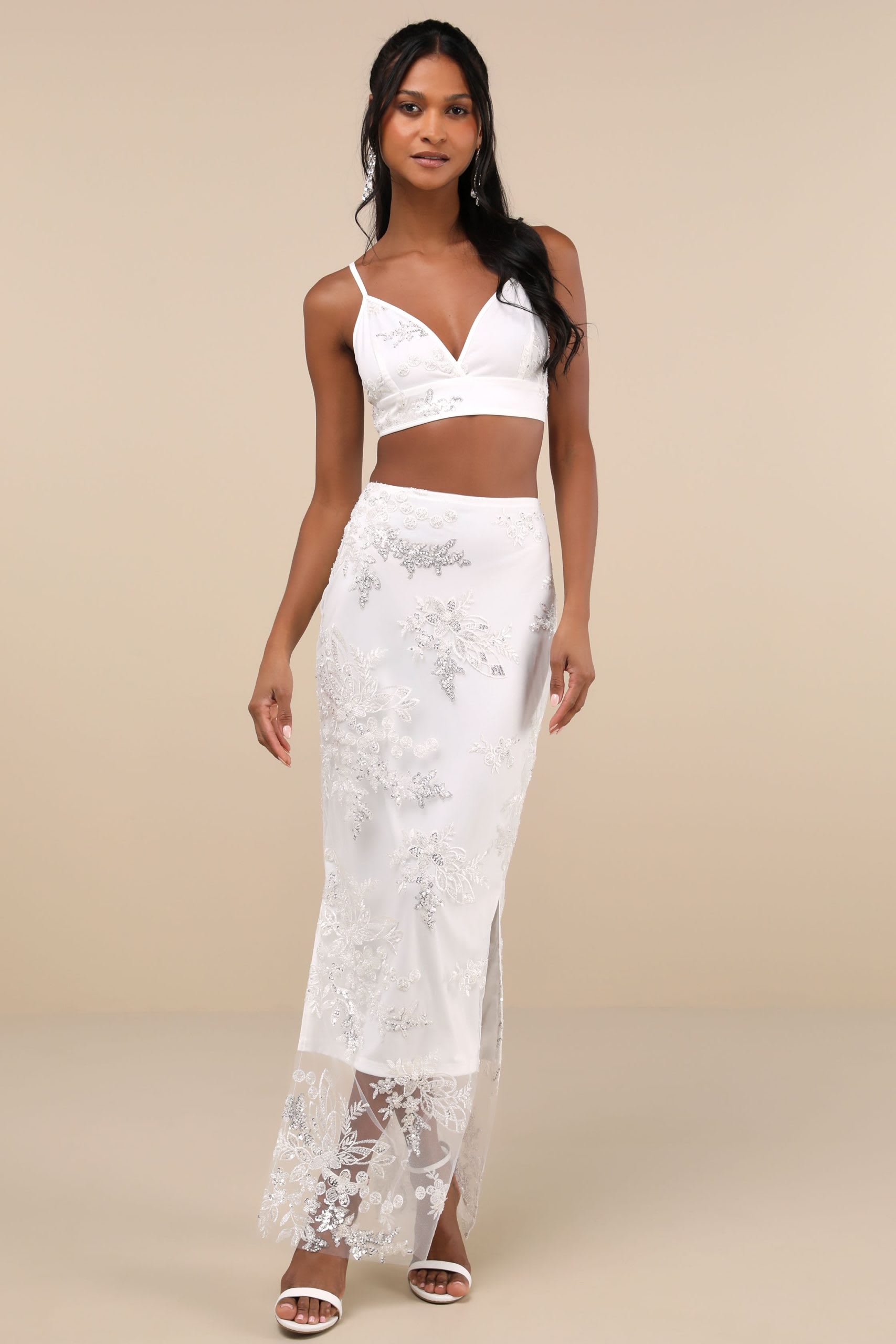 mesh embroidered two piece wedding dress