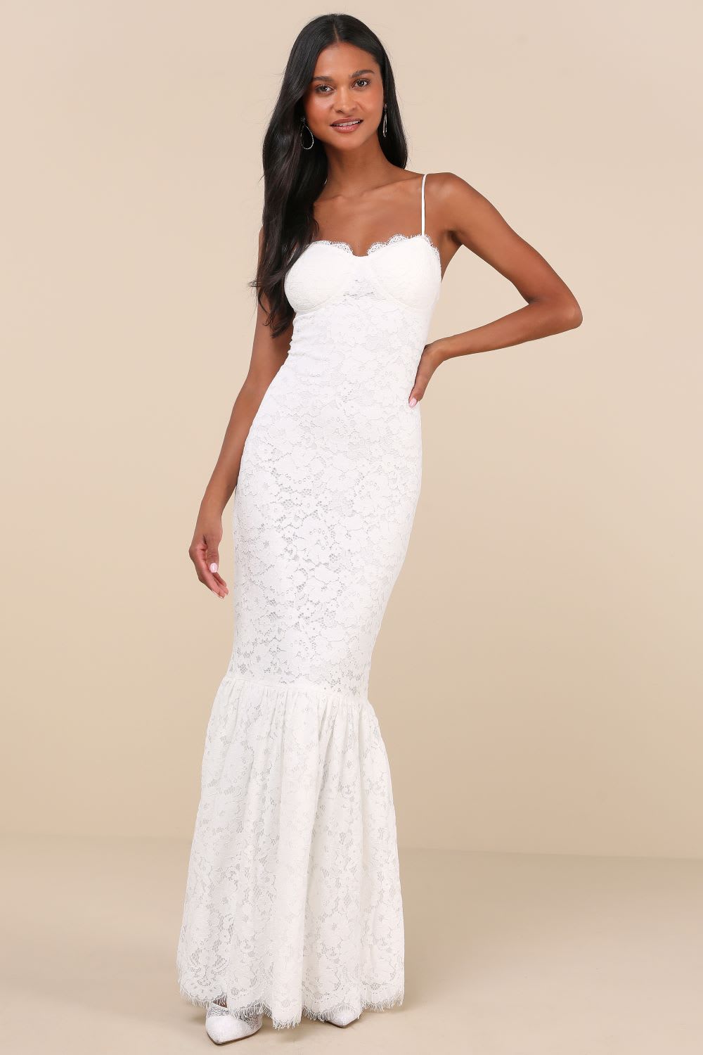 lace bustier trumpet maxi dress