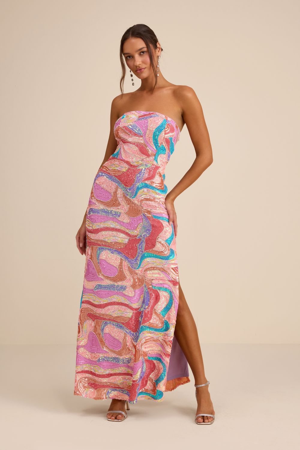 abstract multi sequin column maxi dress