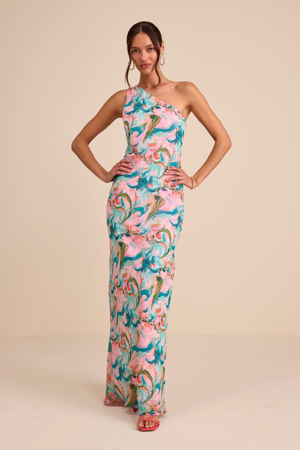abstract one shoulder sash maxi dress