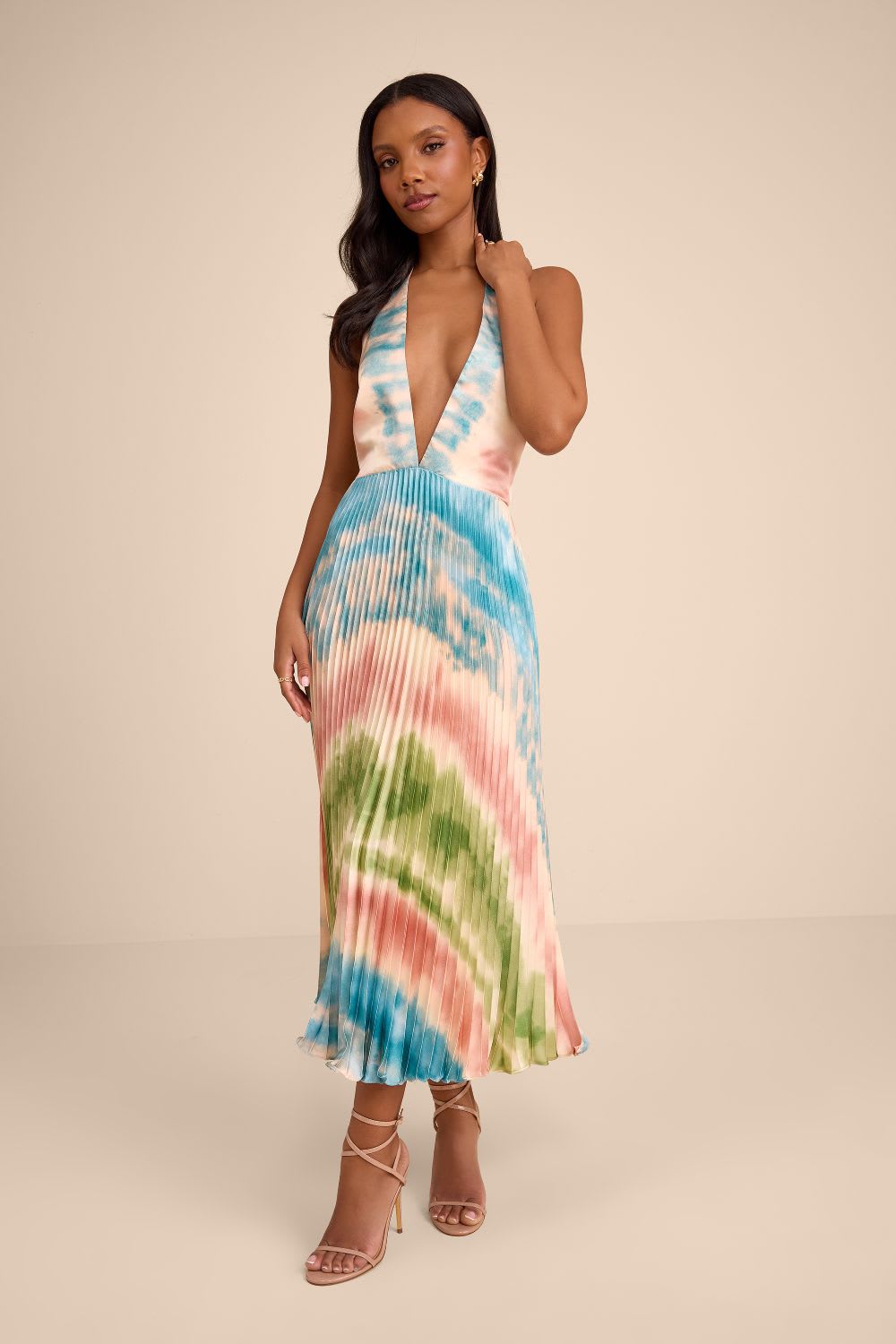 satin tie dye halter midi dress