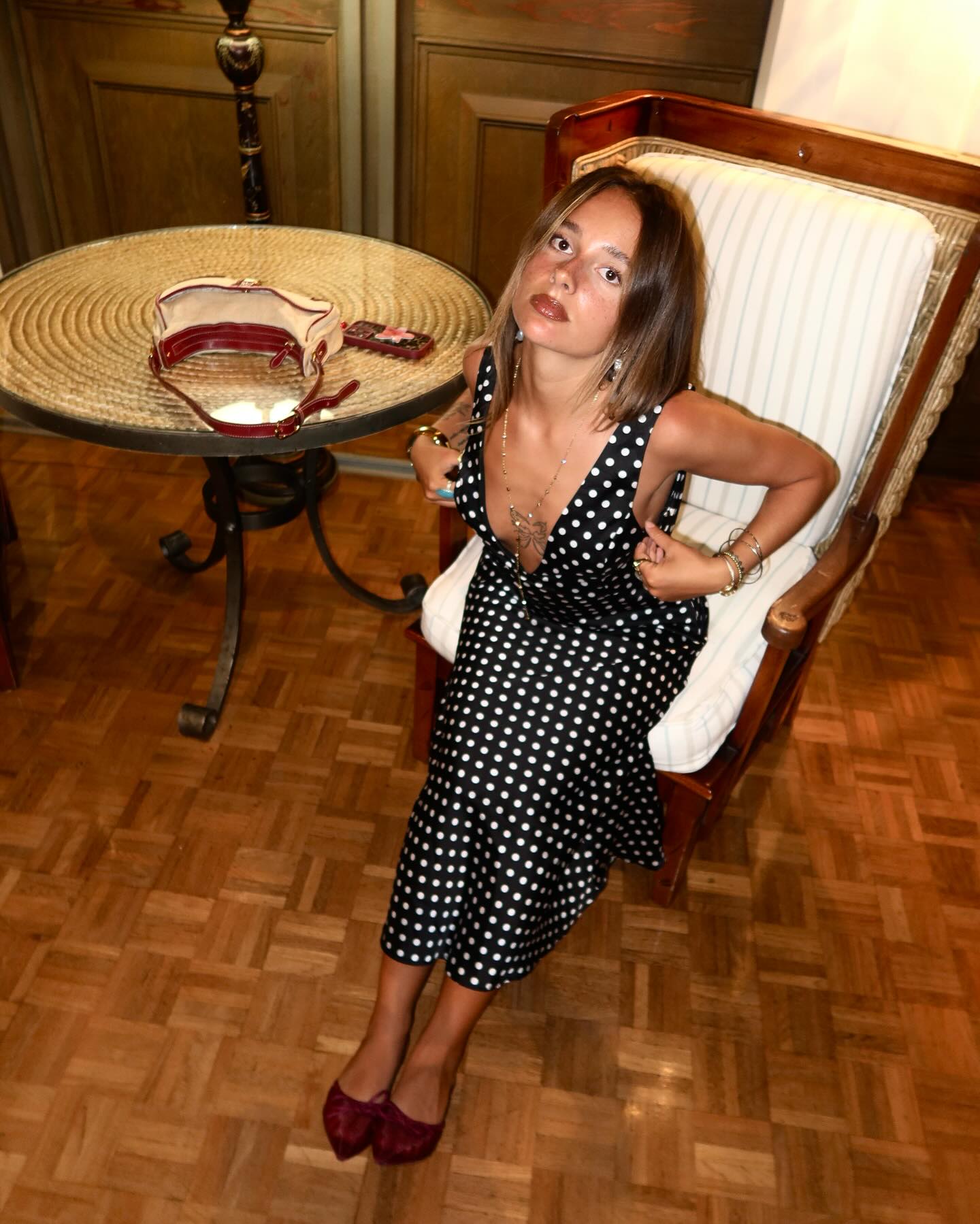 polka dot cowl back midi dress