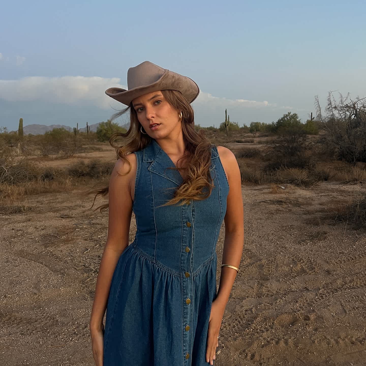 denim dress and cowboy hat
