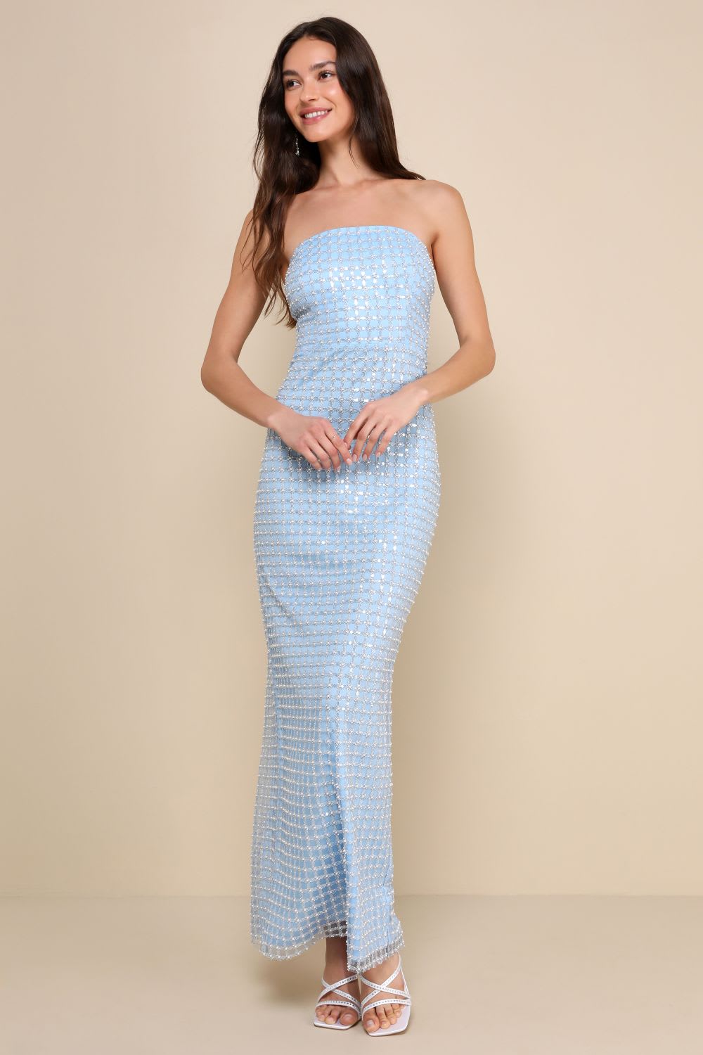 pearl maxi dreShop the Look: Perfectly Luxurious Light Blue Pearl Strapless Maxi Dressss