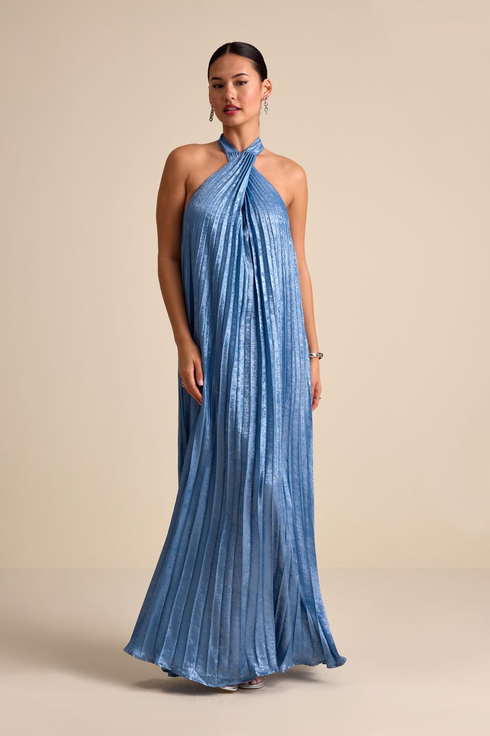 blue pleated halter maxi dress