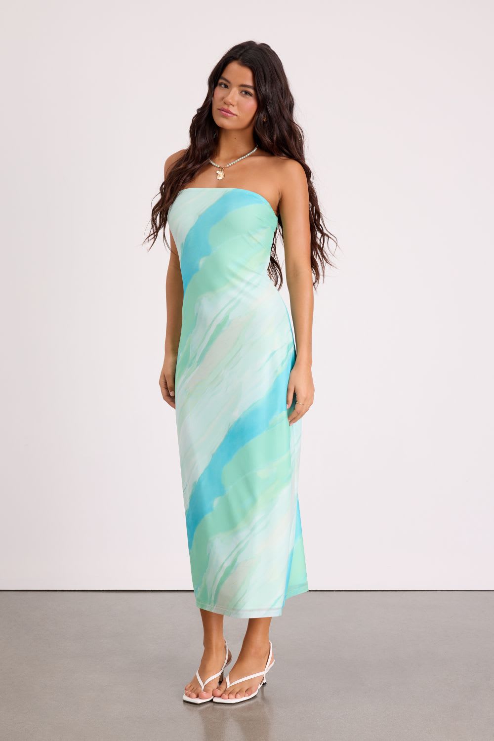 mesh strapless midi dress