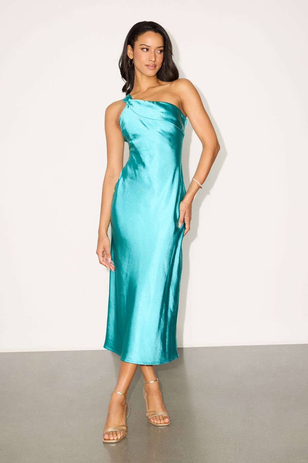 turquoise one shoulder midi dress