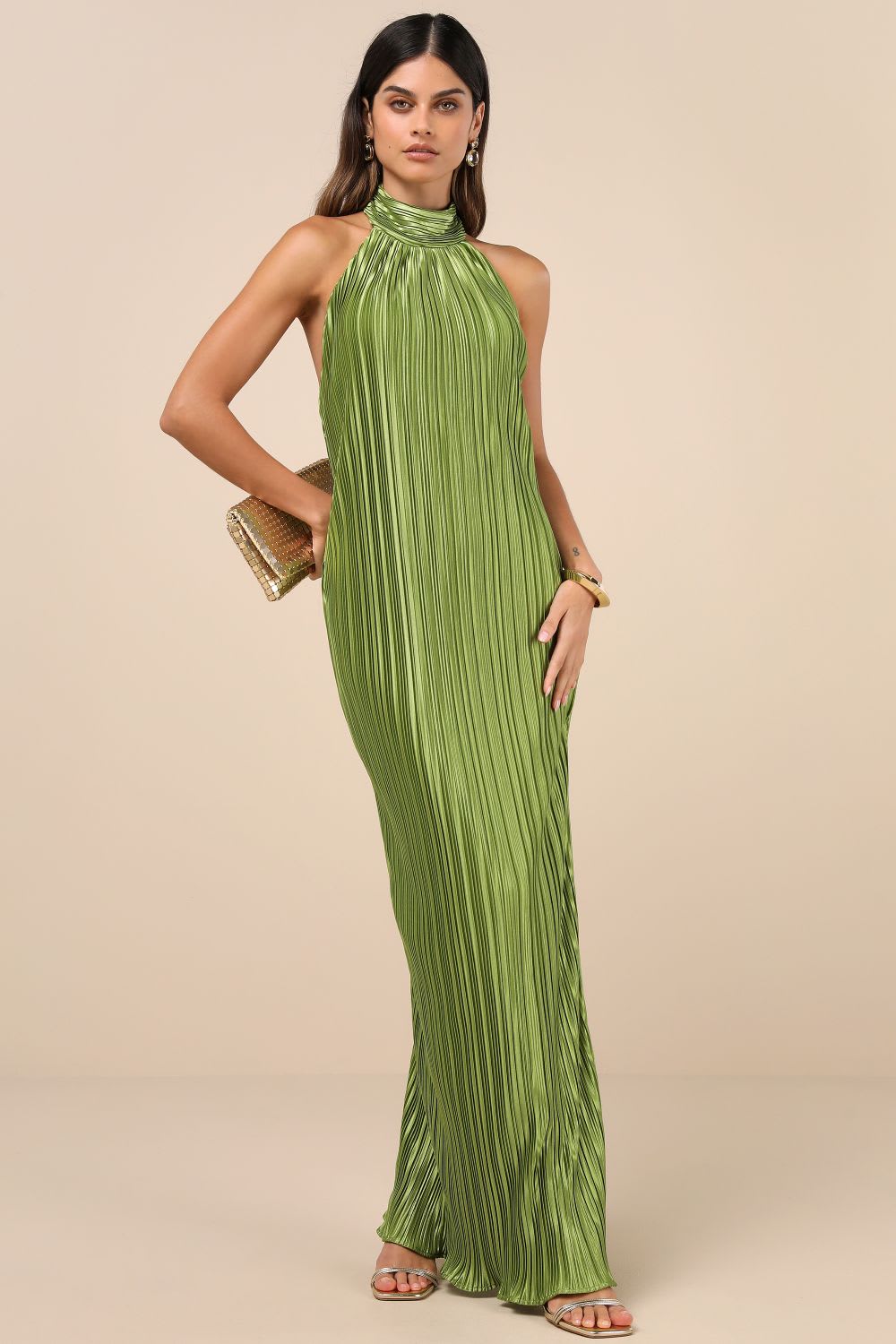 green satin plisse maxi dress