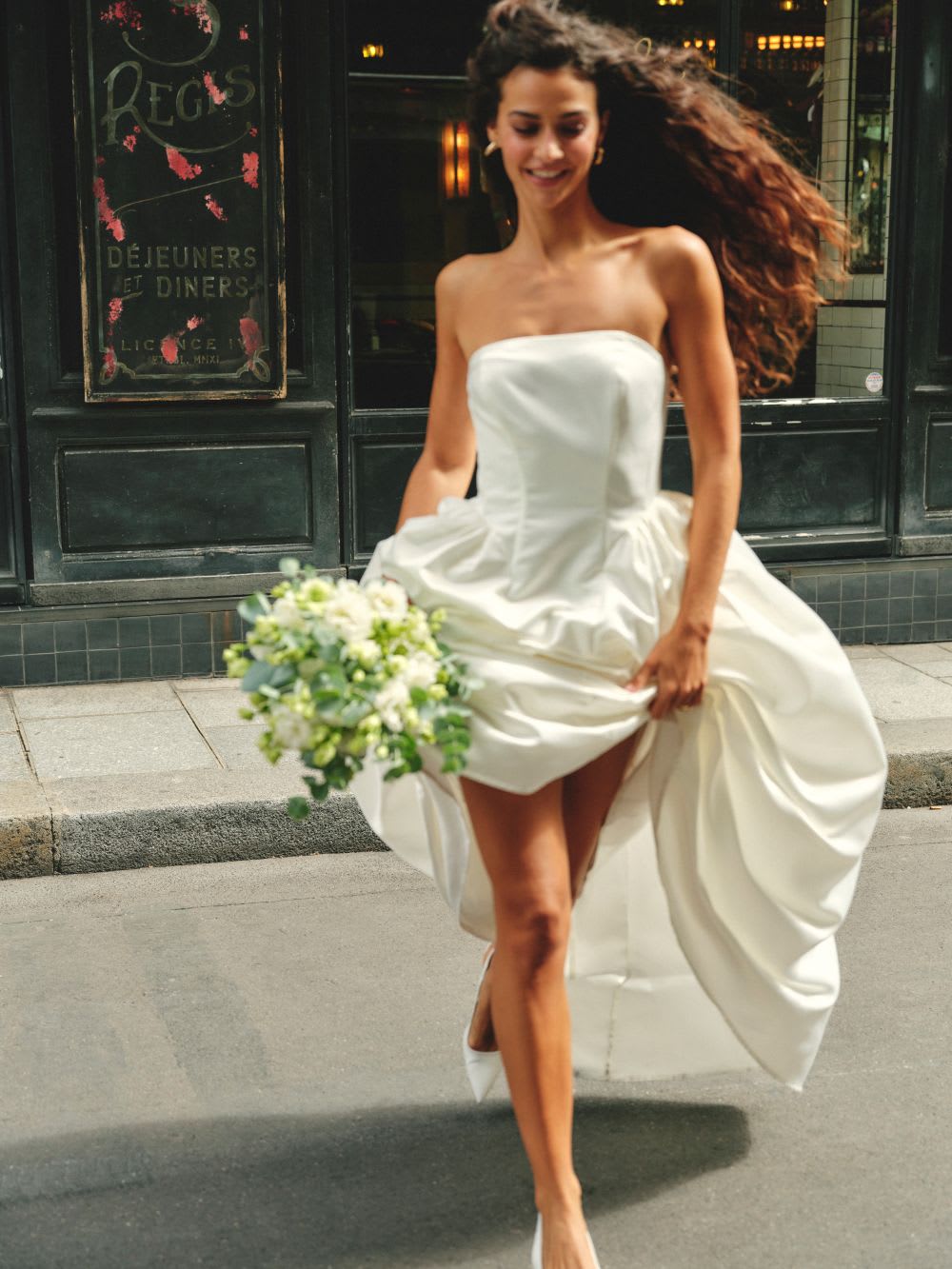 white satin strapless a-line maxi dress