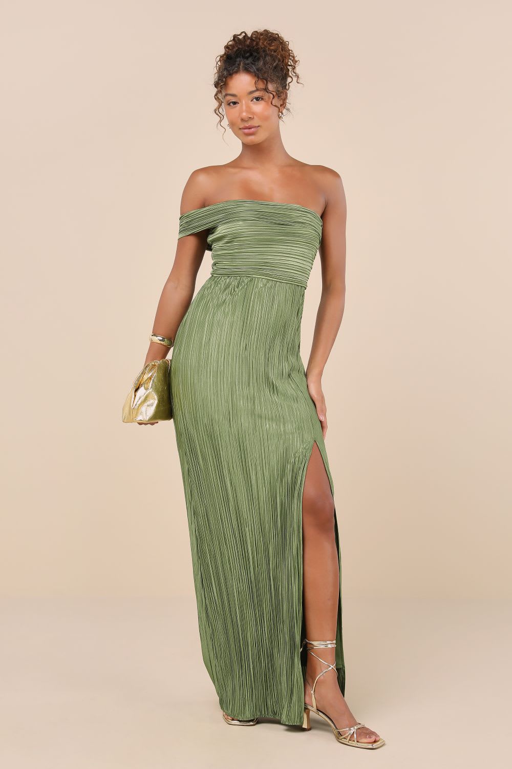 green plisse one shoulder maxi dress