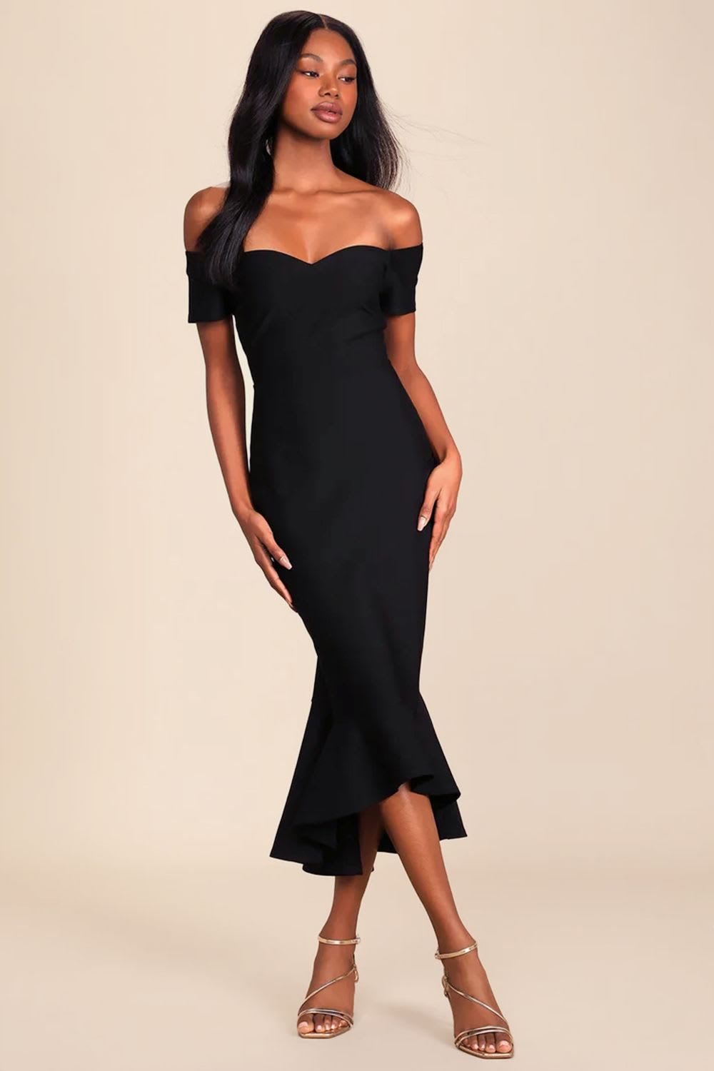black off the shoulder midi dress