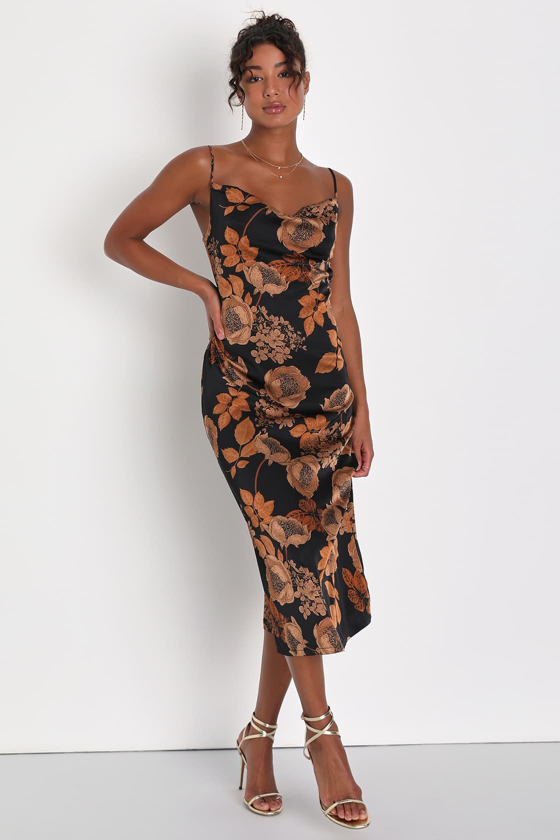 black floral cowl dress