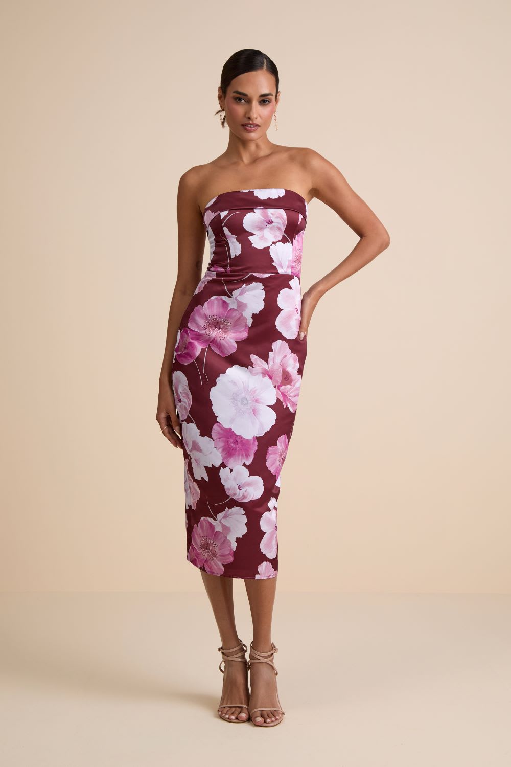 burgundy floral satin strapless midi dress