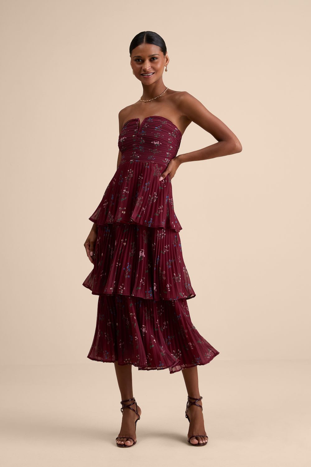 wine red floral pleated midi dress