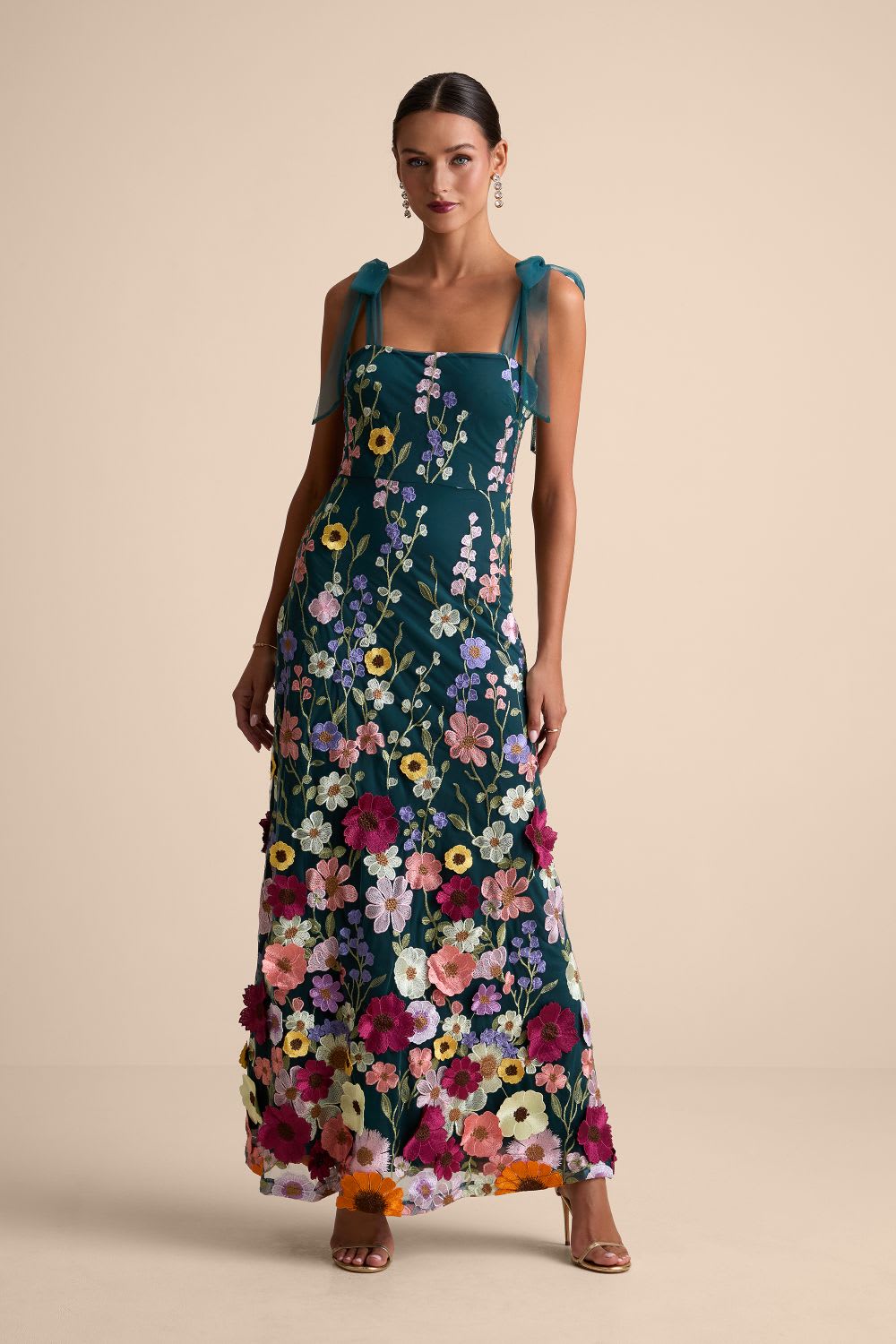 teal floral applique maxi dress